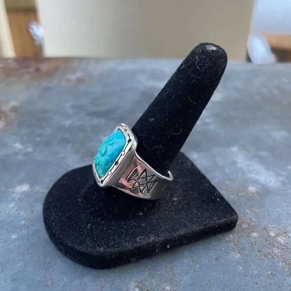 Carolyn Pollack Rectangle Carved Turquoise Sterling Ring w/ flower design Size 8 - Picture 2 of 4